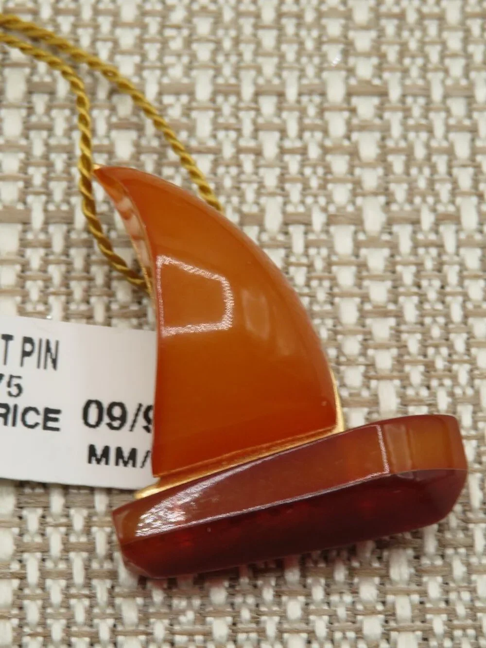 Vintage Russian Amber Sailboat Gold Tone Brooch